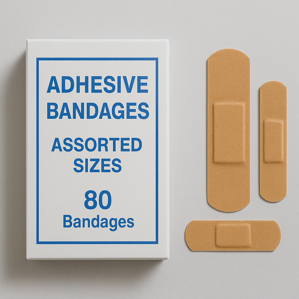 Adhesive bandages (assorted sizes) — breathable, assorted adhesive bandages for minor wound protection.