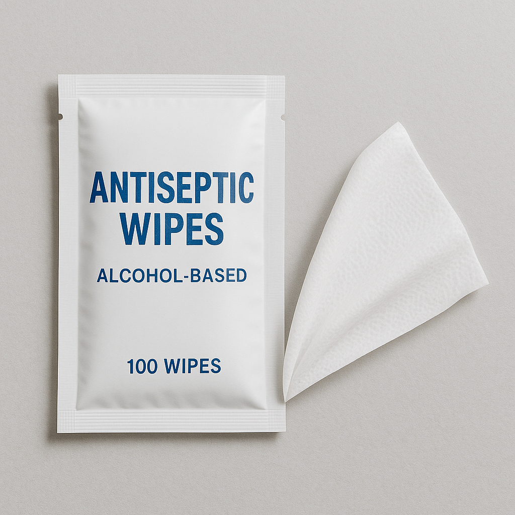 Antiseptic wipes (alcohol-based) — alcohol-based antiseptic wipes used for disinfecting skin and equipment.