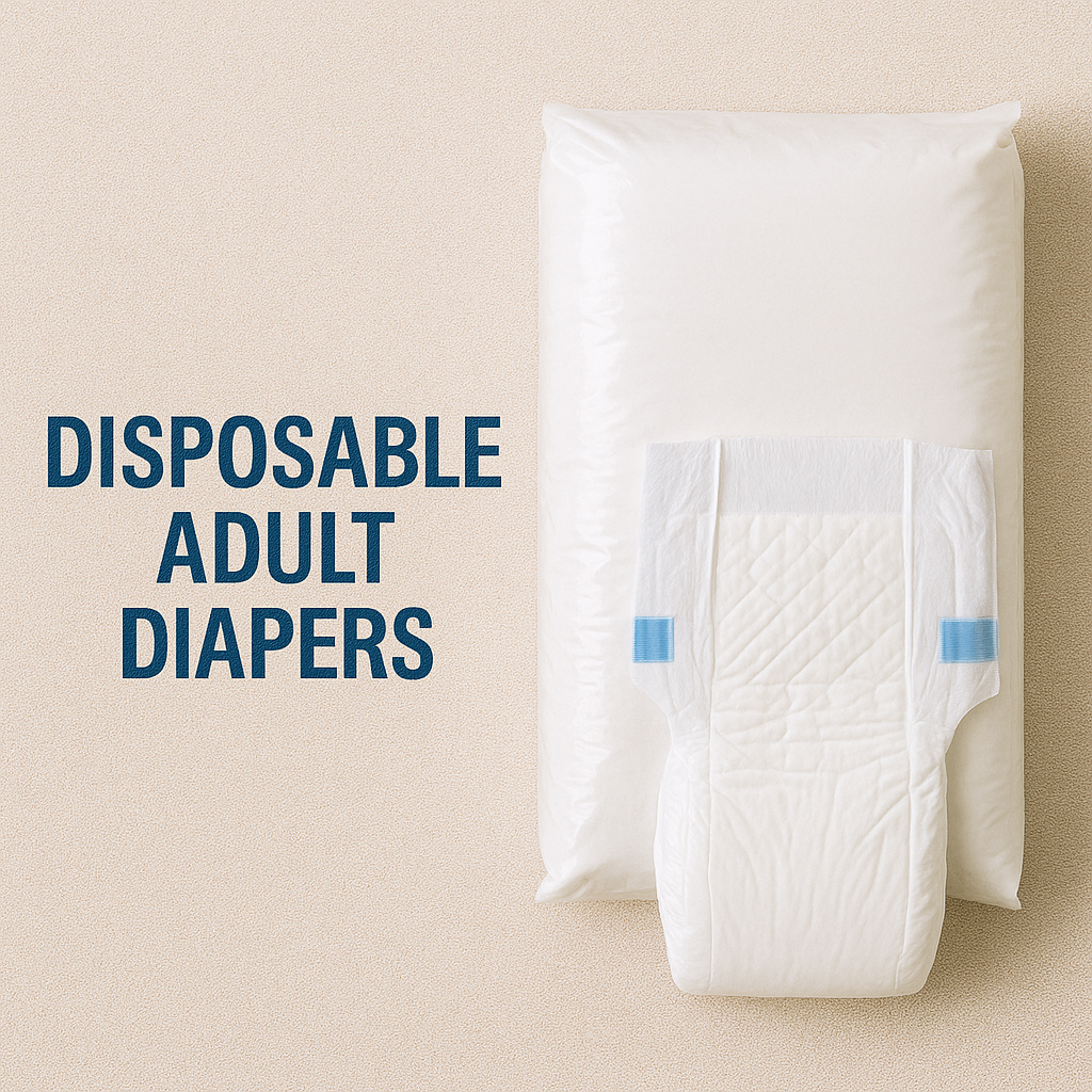 Disposable adult diapers (various sizes) — absorbent and leak-proof incontinence protection for adult care facilities.