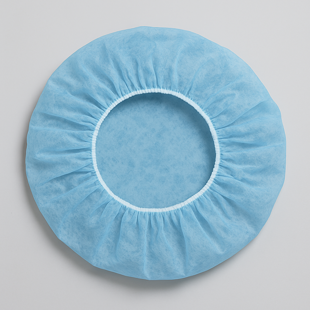 Disposable bouffant caps used to maintain hygiene and prevent contamination in sterile environments.