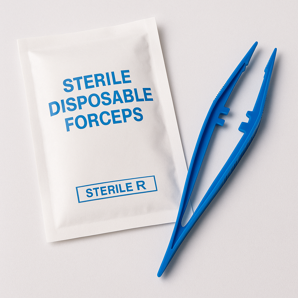 Disposable forceps — disposable sterile forceps used for dressing application and clean handling.