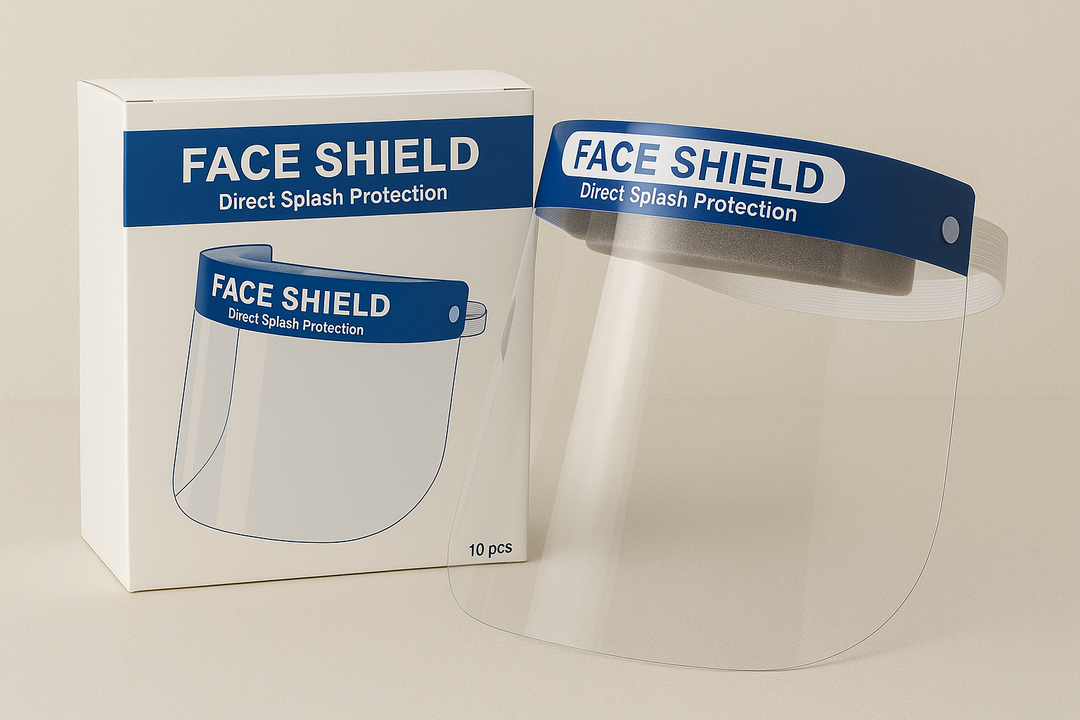 Face shields with foam padding with anti-fog protection and foam padding — PPE face protection for medical personnel.