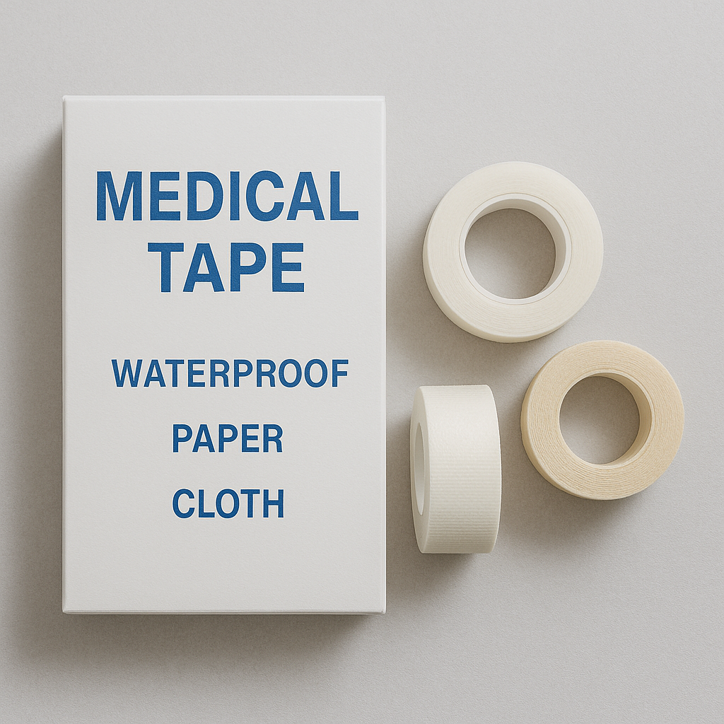 Medical tape (waterproof, paper, cloth) — versatile medical tape for securing dressings, available in paper, cloth, and waterproof variants.