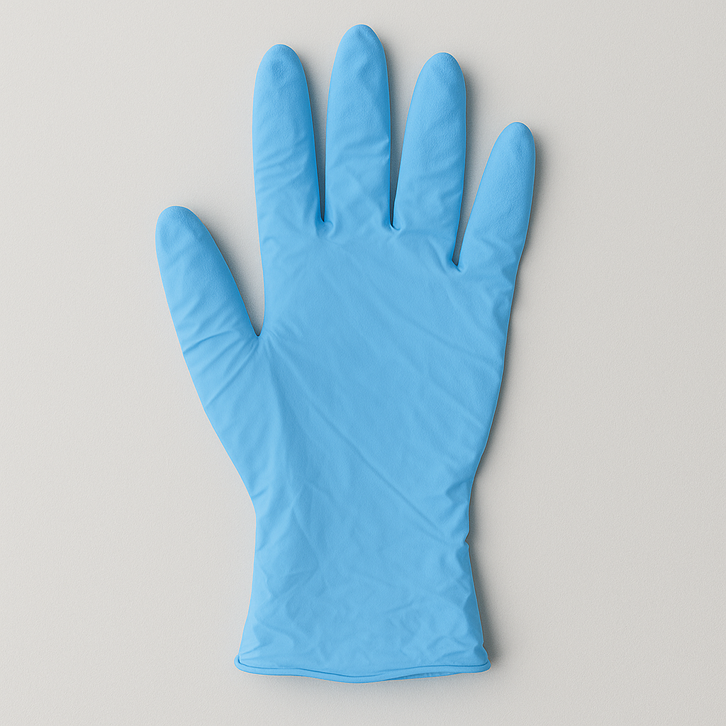 Nitrile examination gloves (powder-free) shown in medical blue — non-latex, powder-free gloves ideal for institutional use by VitalShift Supply.