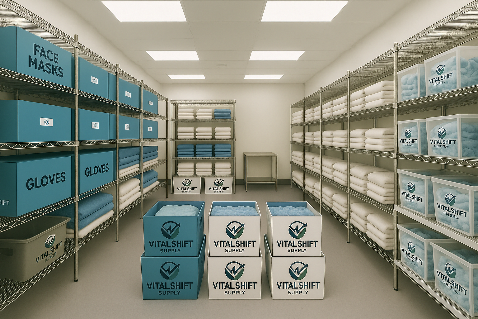 Fully stocked hospital supply room with organized shelves of medical supplies including gloves, gowns, and face masks — trusted institutional medical supplier VitalShift Supply.