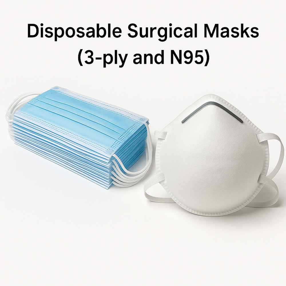 Disposable surgical masks (3-ply and N95) for hospitals and healthcare workers — reliable protective PPE provided by VitalShift Supply.