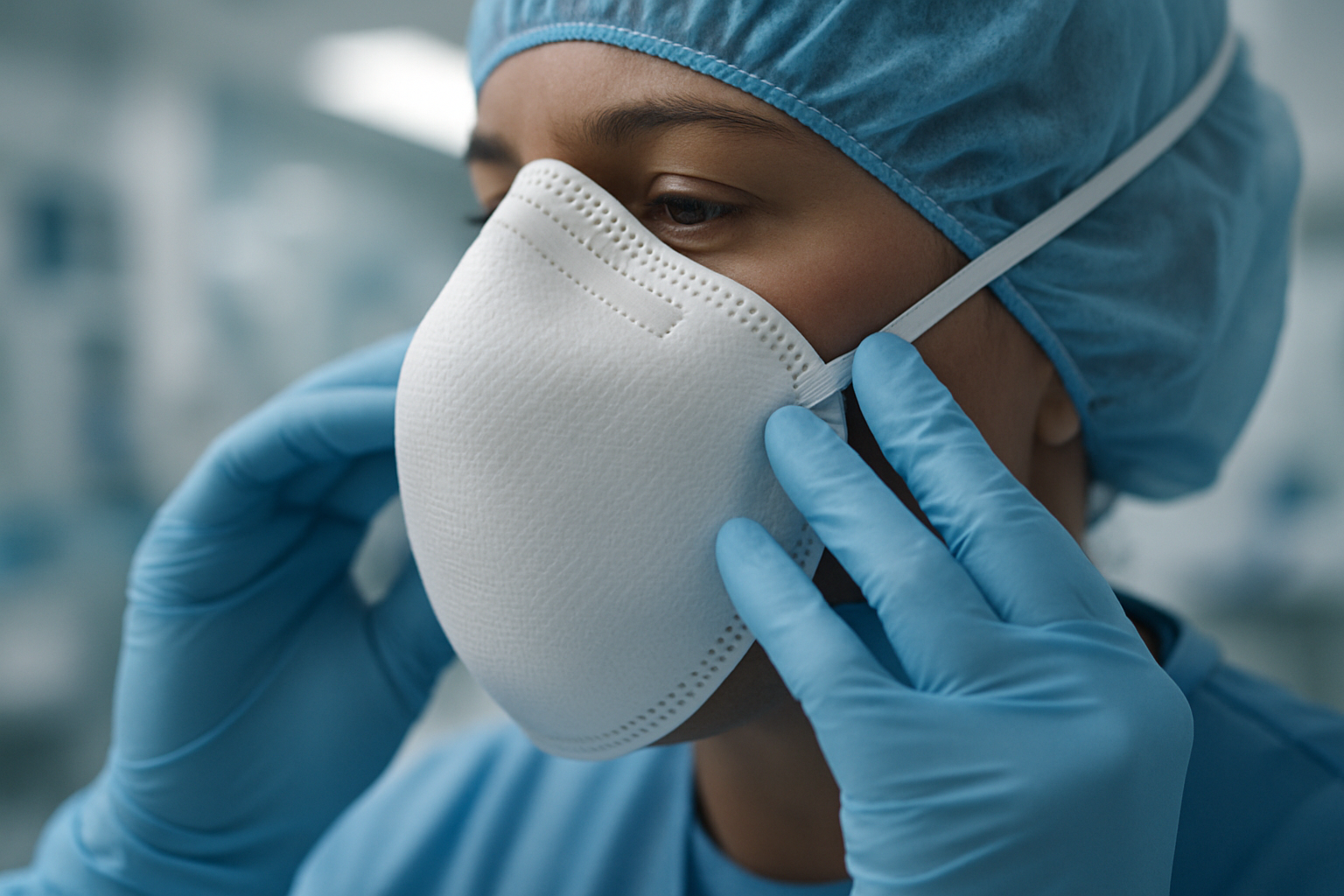 Healthcare worker adjusting N95 mask with gloved hands — quality PPE from VitalShift Supply for clinics, hospitals, and treatment centers.