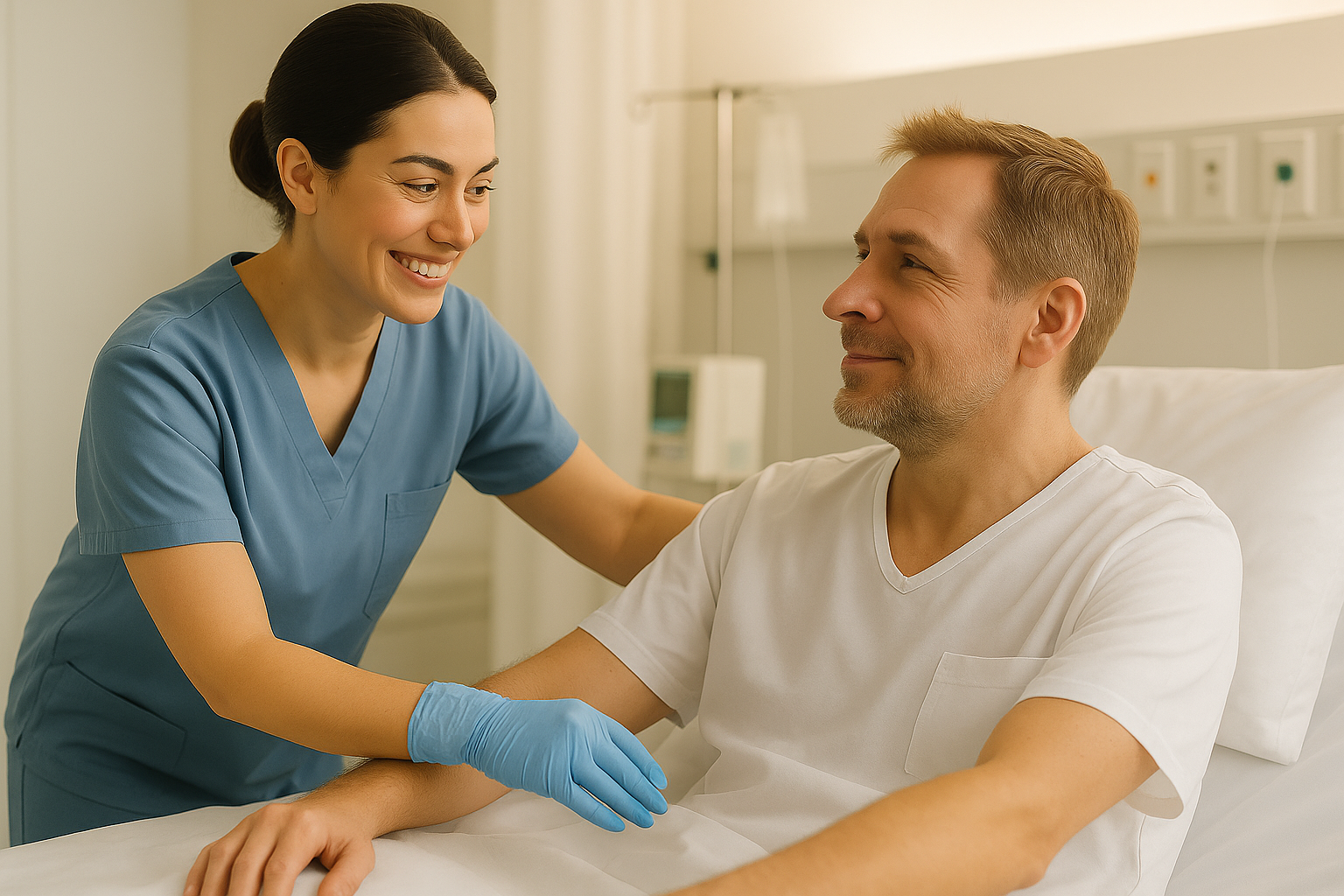 Compassionate nurse helping a recovering patient in a hospital setting — VitalShift Supply donates profits to support addiction recovery and sober living initiatives.
